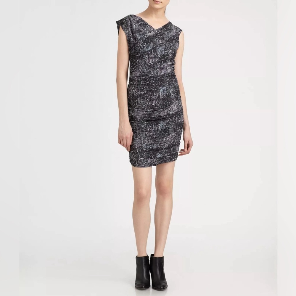 EUC Iro Heidi ruched v neck mini dress in shades of grey, light green and pink